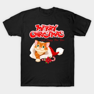 Red Cute Cartoon Cat with Candy Cane Christmas T-Shirt